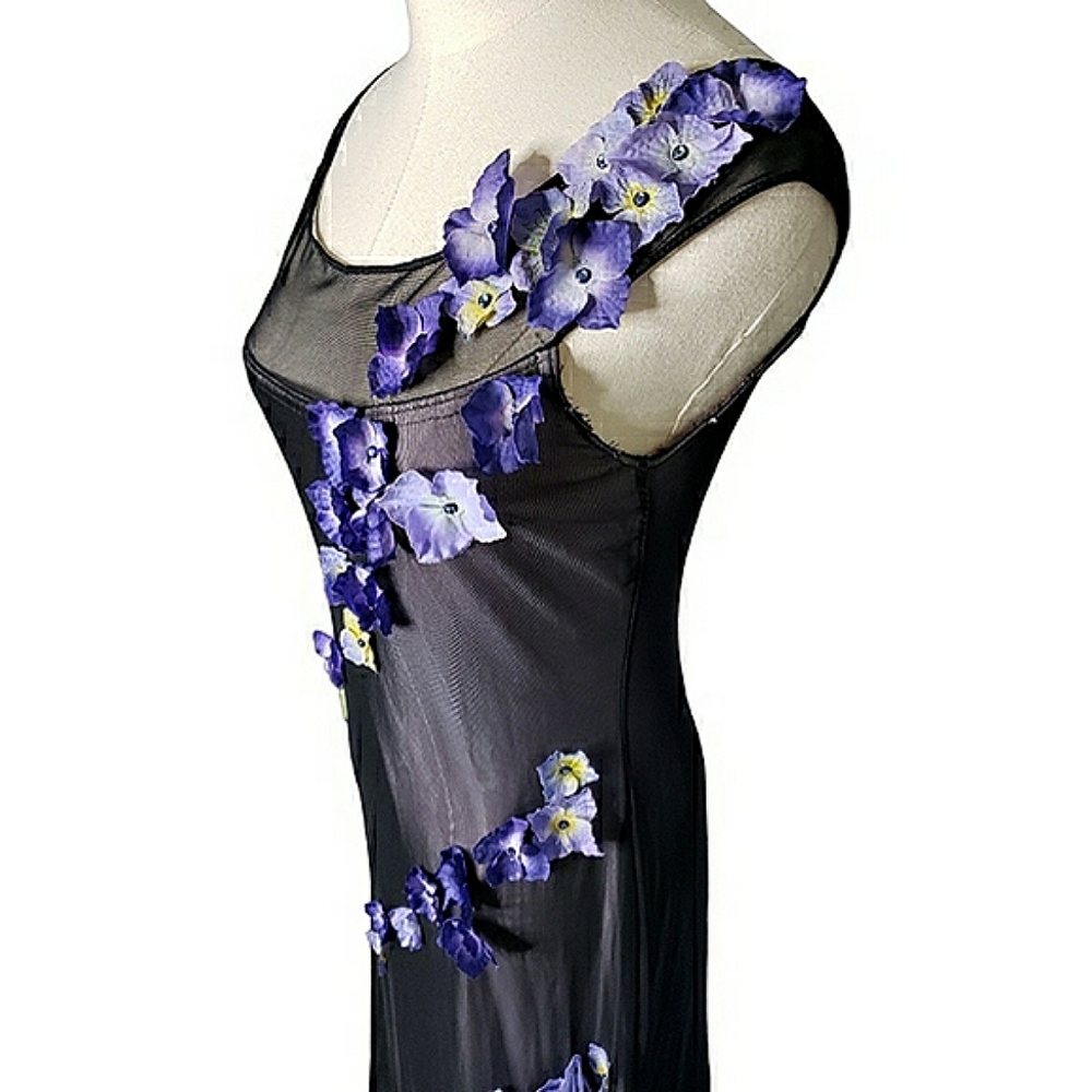 Tadashi for Cache Maxi Dress 90's Y2K Vtg Mesh Applique 3D Pansies Column Whims - Picture 6 of 17